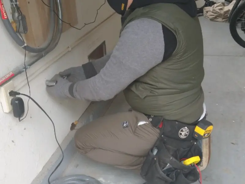 Electrician performing outlet wiring in a Lakewood Park garage